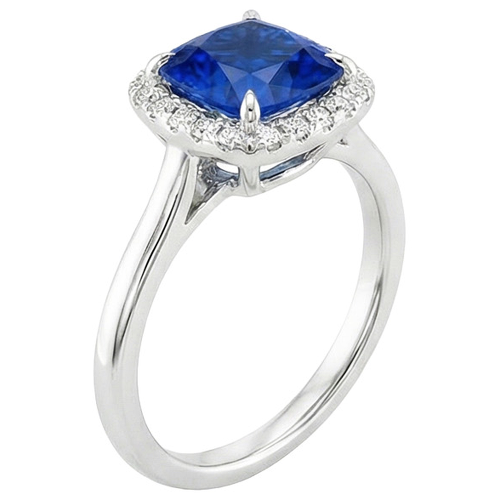Anello di fidanzamento Halo con zaffiro blu da 2,75 carati e diamante incastonato in oro
