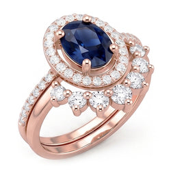 Anello di fidanzamento Halo con zaffiro blu da 3,50 carati e diamante ovale in oro bianco 14K