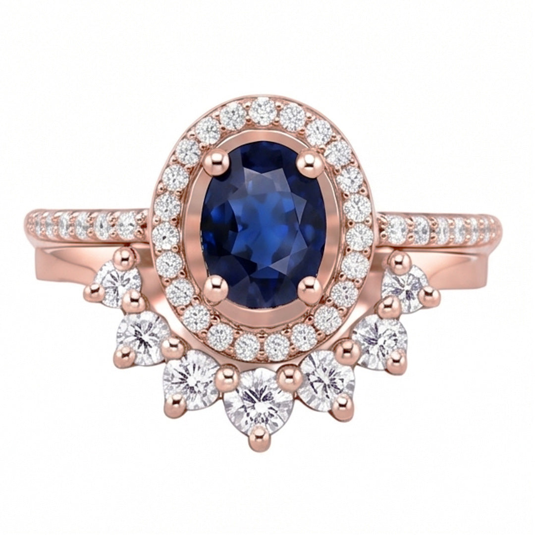 Anello di fidanzamento Halo con zaffiro blu da 3,50 carati e diamante ovale in oro bianco 14K