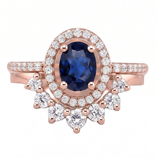 Anello di fidanzamento Halo con zaffiro blu da 3,50 carati e diamante ovale in oro bianco 14K
