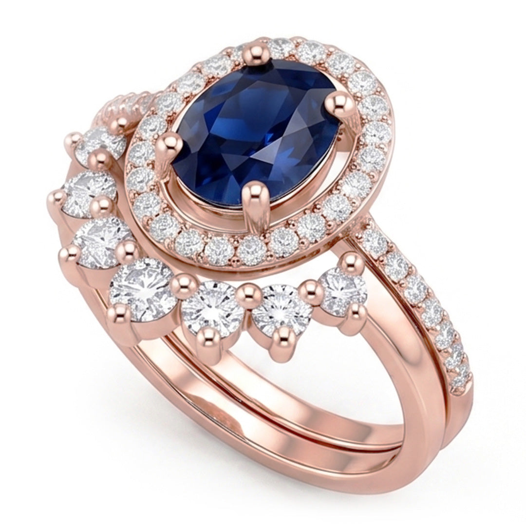 Anello di fidanzamento Halo con zaffiro blu da 3,50 carati e diamante ovale in oro bianco 14K
