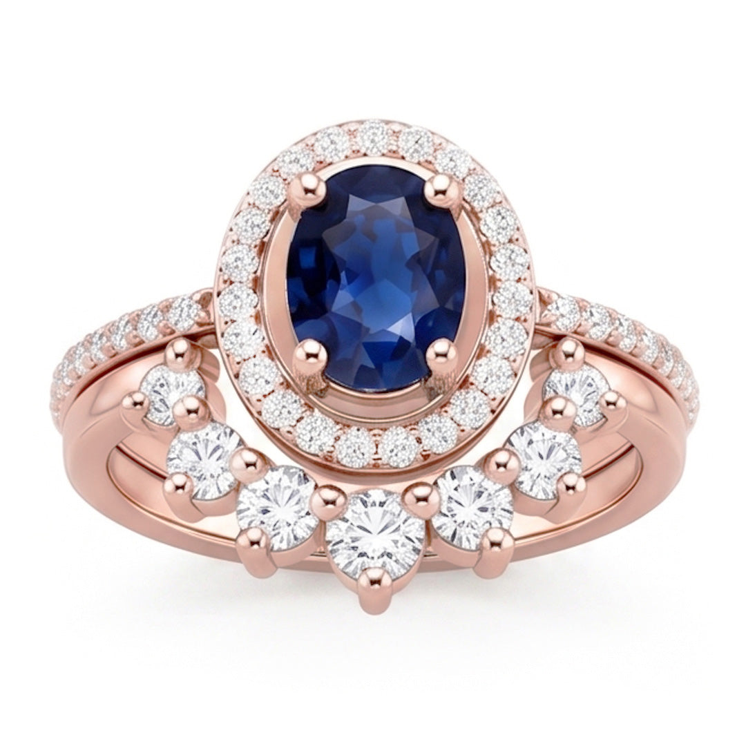 Anello di fidanzamento Halo con zaffiro blu da 3,50 carati e diamante ovale in oro bianco 14K