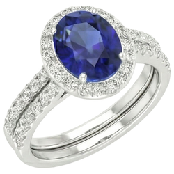 Anello di fidanzamento Halo con zaffiro blu ovale Set 10.25 carati in oro bianco