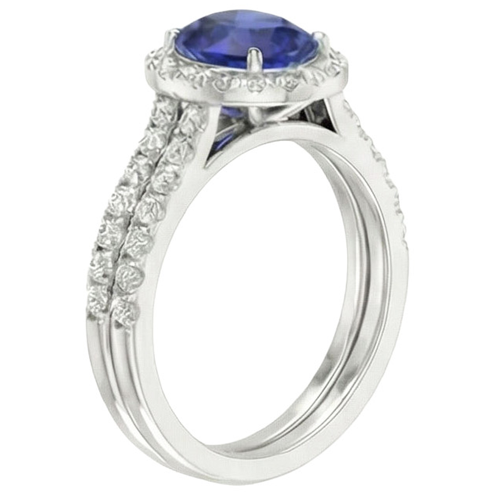 Anello di fidanzamento Halo con zaffiro blu ovale Set 10.25 carati in oro bianco