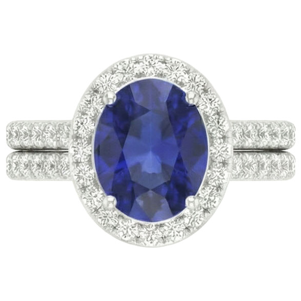 Anello di fidanzamento Halo con zaffiro blu ovale Set 10.25 carati in oro bianco