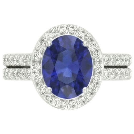 Anello di fidanzamento Halo con zaffiro blu ovale Set 10.25 carati in oro bianco
