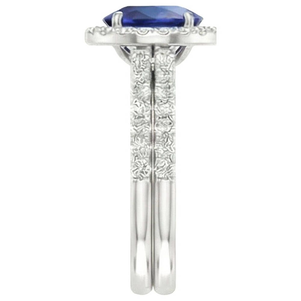 Anello di fidanzamento Halo con zaffiro blu ovale Set 10.25 carati in oro bianco