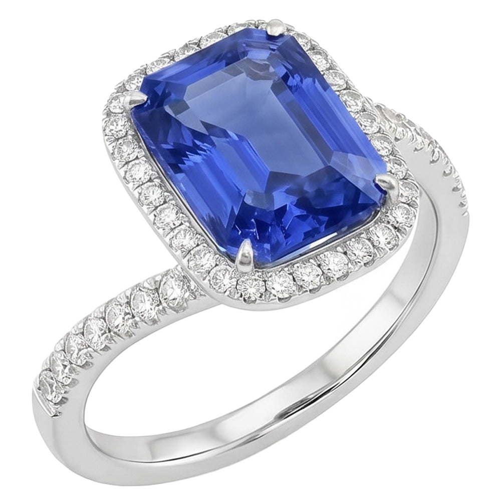 Anello di fidanzamento Tension Style con zaffiro blu Halo da 3 carati e pavé di diamanti