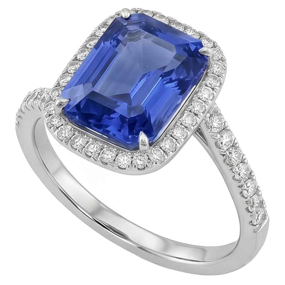 Anello di fidanzamento Tension Style con zaffiro blu Halo da 3 carati e pavé di diamanti