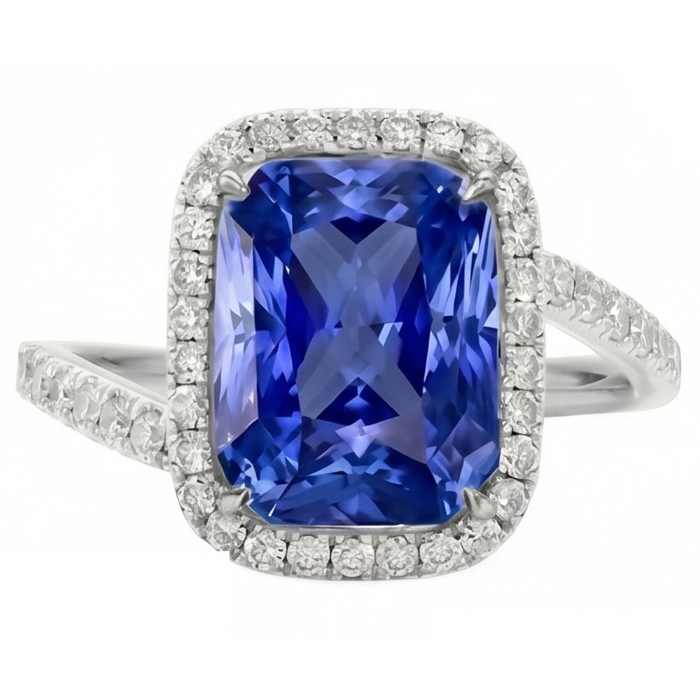 Anello di fidanzamento Tension Style con zaffiro blu Halo da 3 carati e pavé di diamanti
