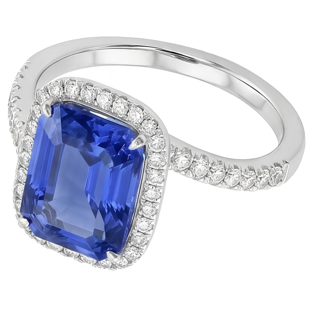 Anello di fidanzamento Tension Style con zaffiro blu Halo da 3 carati e pavé di diamanti