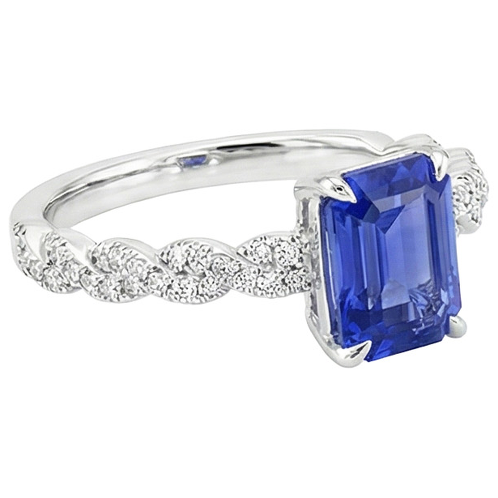 Anello di fidanzamento Twist Style con zaffiro blu da 4,50 carati e diamante