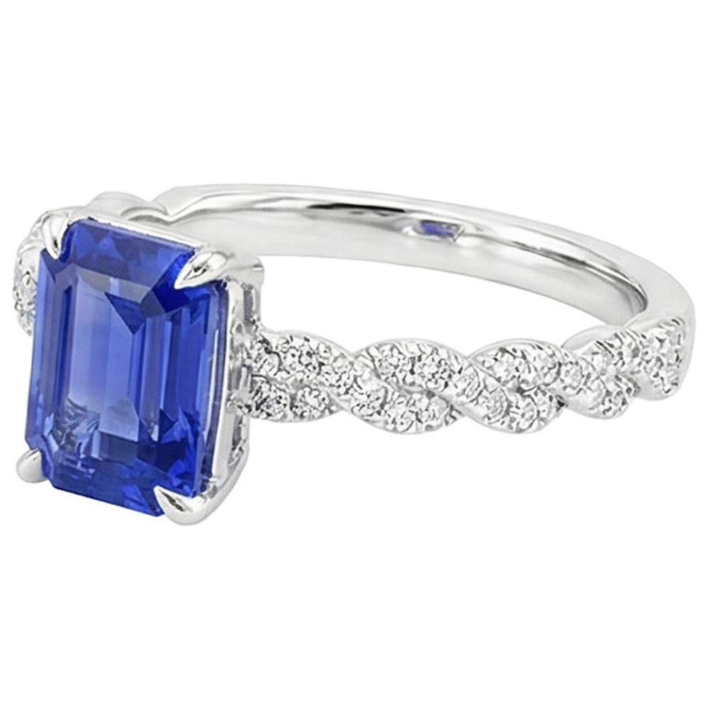 Anello di fidanzamento Twist Style con zaffiro blu da 4,50 carati e diamante