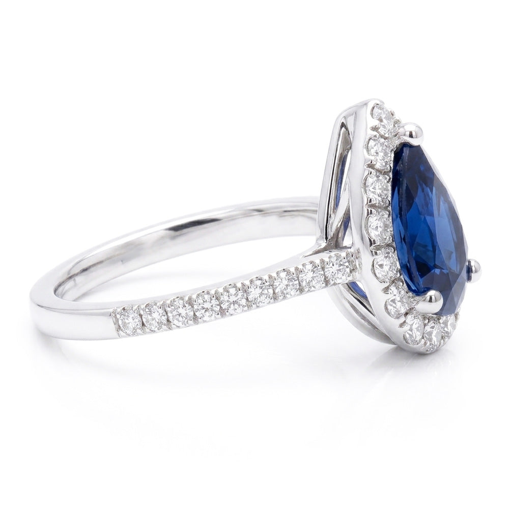 Anello di fidanzamento a goccia da 2,50 carati con zaffiro blu in oro bianco 14K