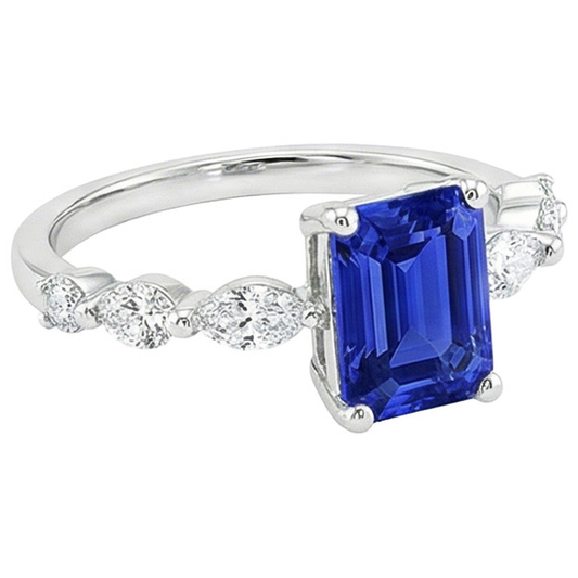 Anello di fidanzamento accentato con smeraldo zaffiro di Ceylon e diamante 4.50 carati