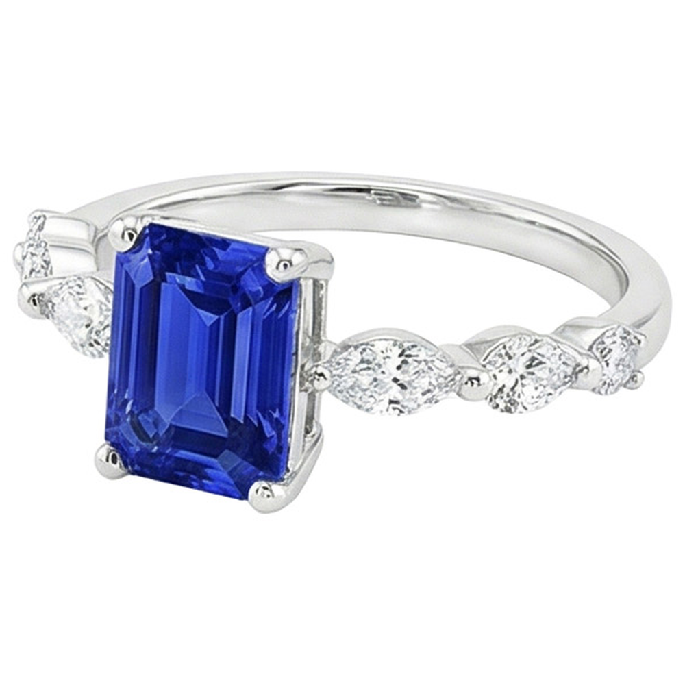 Anello di fidanzamento accentato con smeraldo zaffiro di Ceylon e diamante 4.50 carati