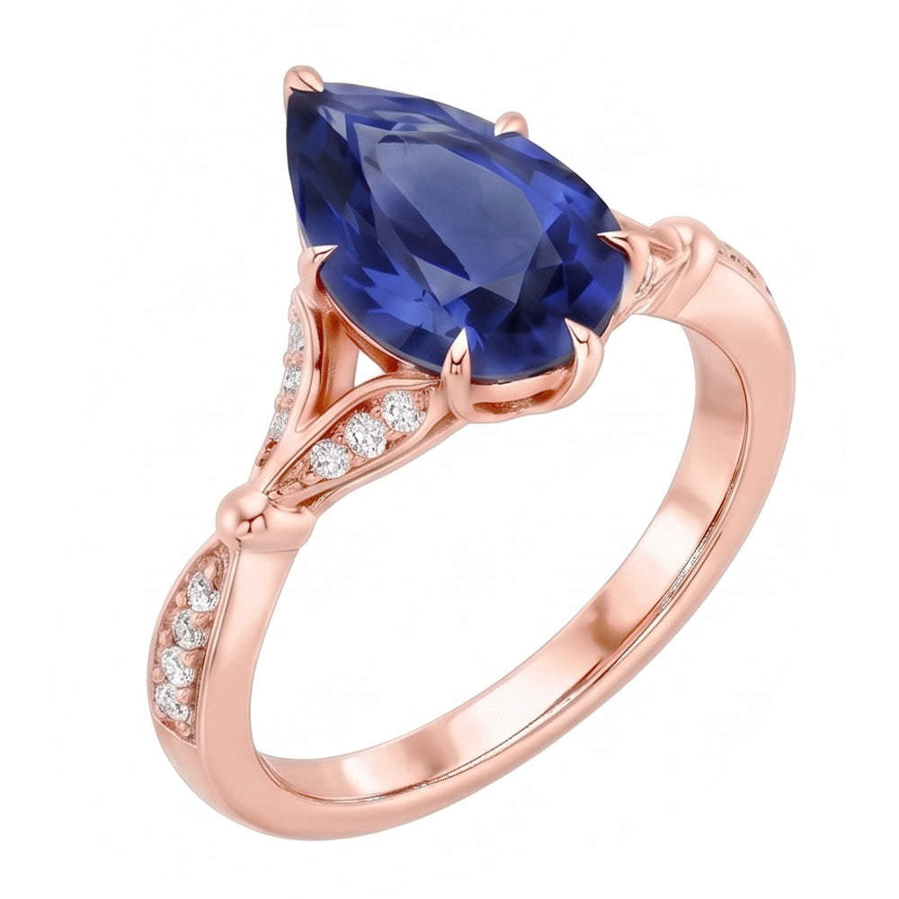 Anello di fidanzamento accentato pera zaffiro Ceylon e diamanti 4.50 carati