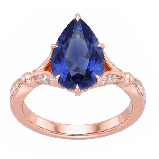 Anello di fidanzamento accentato pera zaffiro Ceylon e diamanti 4.50 carati