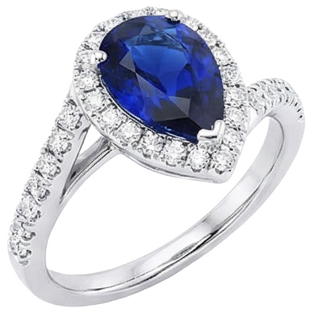 Anello di fidanzamento aureola con zaffiro blu pera e diamanti 4.50 carati