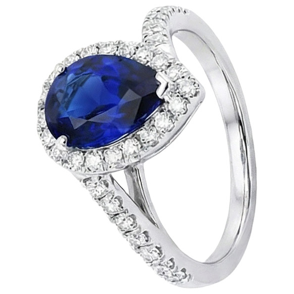 Anello di fidanzamento aureola con zaffiro blu pera e diamanti 4.50 carati