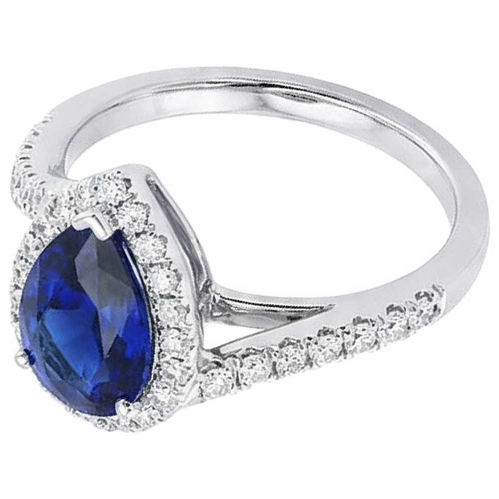 Anello di fidanzamento aureola con zaffiro blu pera e diamanti 4.50 carati