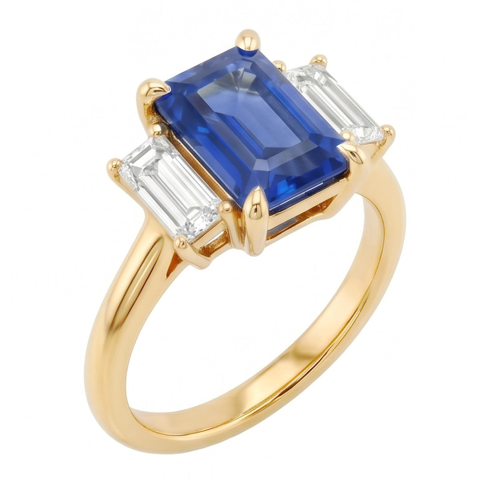 Anello di fidanzamento con 3 pietre blu zaffiro smeraldo e taglio baguette 3 carati