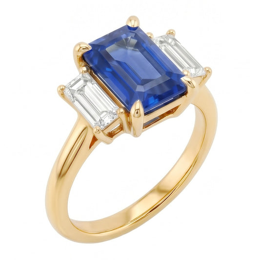 Anello di fidanzamento con 3 pietre blu zaffiro smeraldo e taglio baguette 3 carati