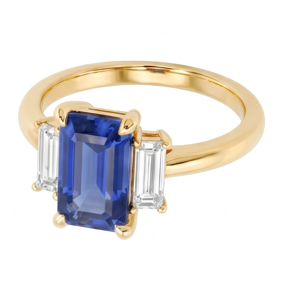 Anello di fidanzamento con 3 pietre blu zaffiro smeraldo e taglio baguette 3 carati
