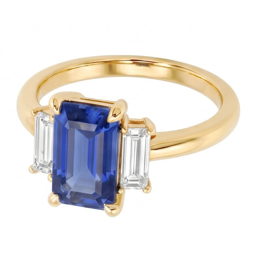 Anello di fidanzamento con 3 pietre blu zaffiro smeraldo e taglio baguette 3 carati