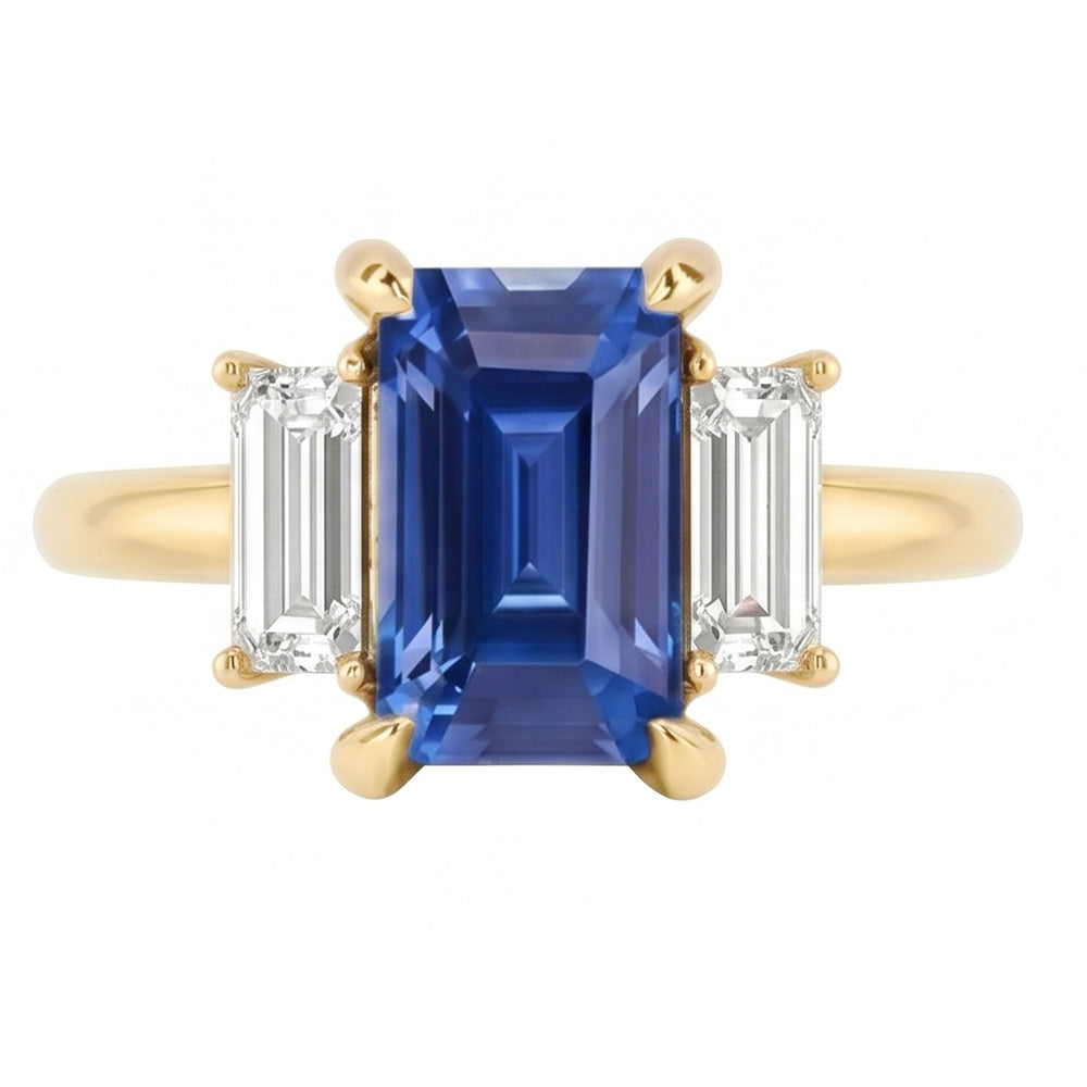 Anello di fidanzamento con 3 pietre blu zaffiro smeraldo e taglio baguette 3 carati