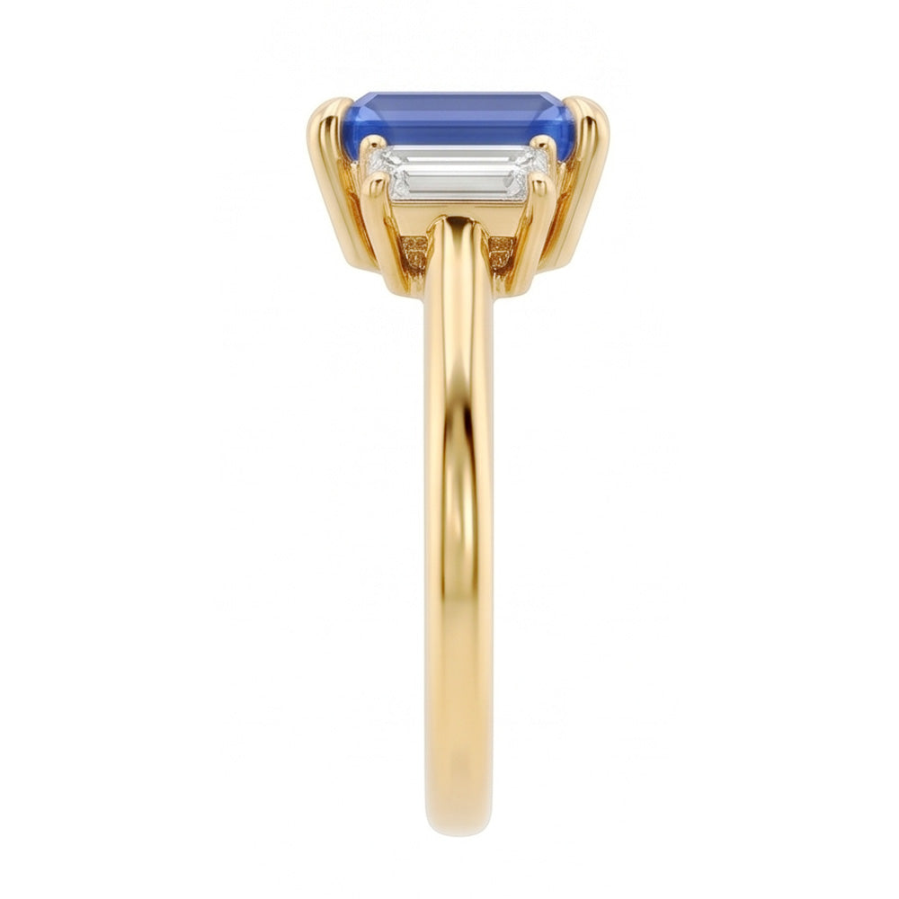 Anello di fidanzamento con 3 pietre blu zaffiro smeraldo e taglio baguette 3 carati
