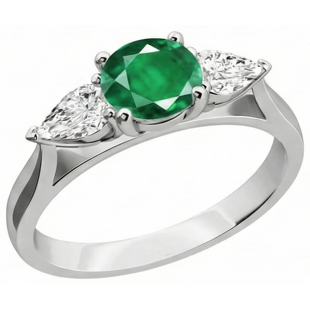 Anello di fidanzamento con 3 pietre di Verde smeraldo e diamanti 3 carati in oro bianco 14K