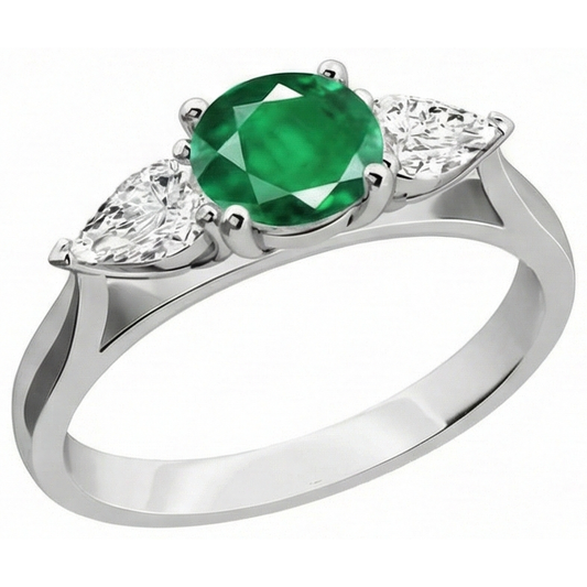 Anello di fidanzamento con 3 pietre di Verde smeraldo e diamanti 3 carati in oro bianco 14K