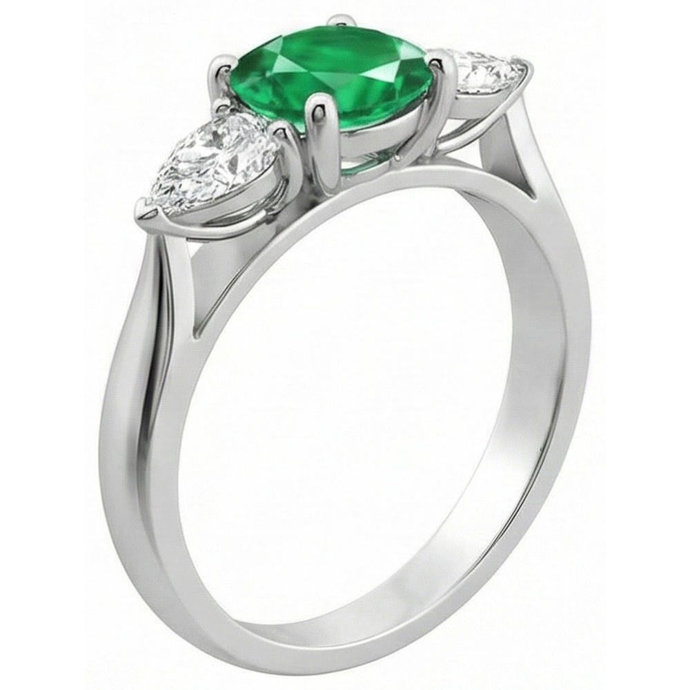 Anello di fidanzamento con 3 pietre di Verde smeraldo e diamanti 3 carati in oro bianco 14K