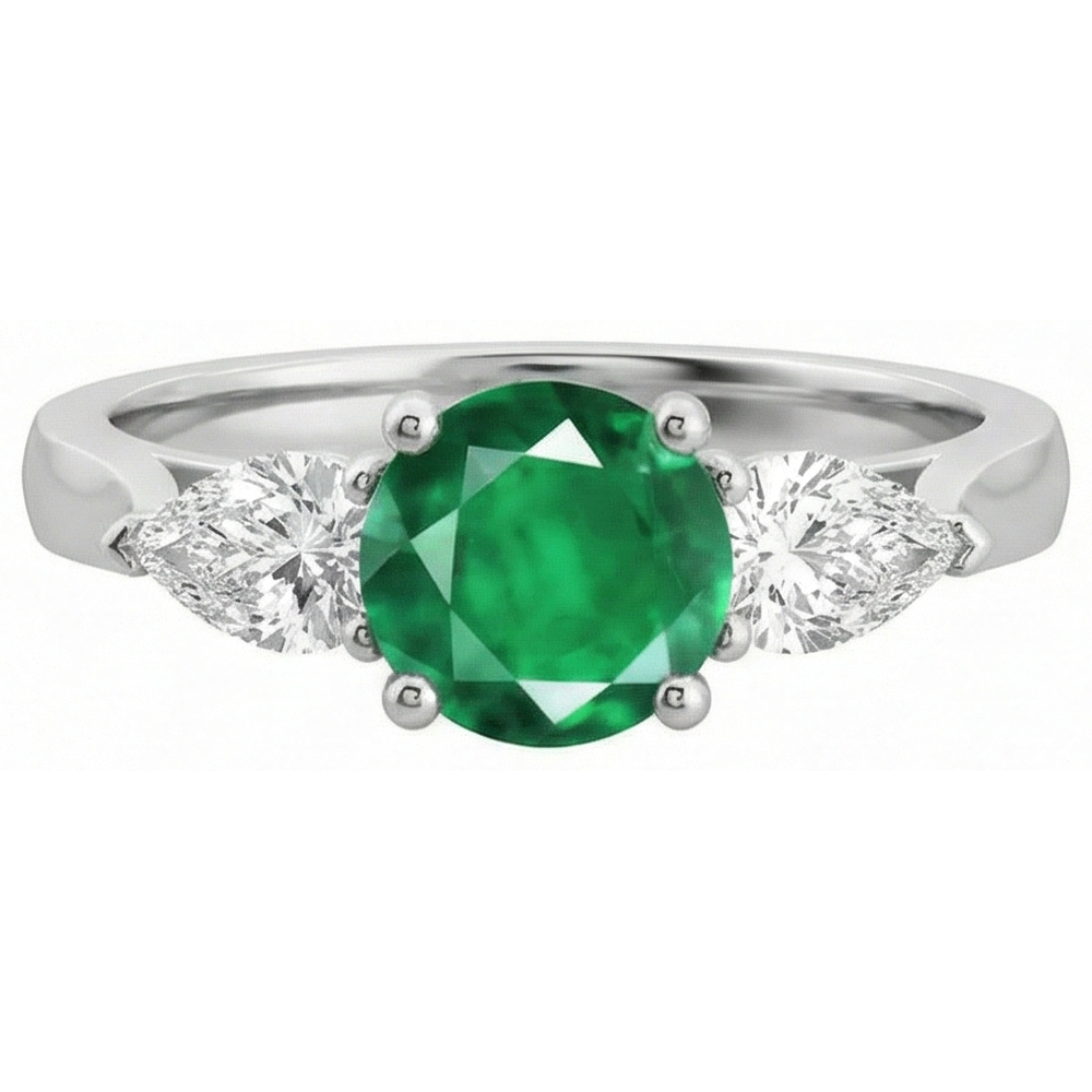 Anello di fidanzamento con 3 pietre di Verde smeraldo e diamanti 3 carati in oro bianco 14K