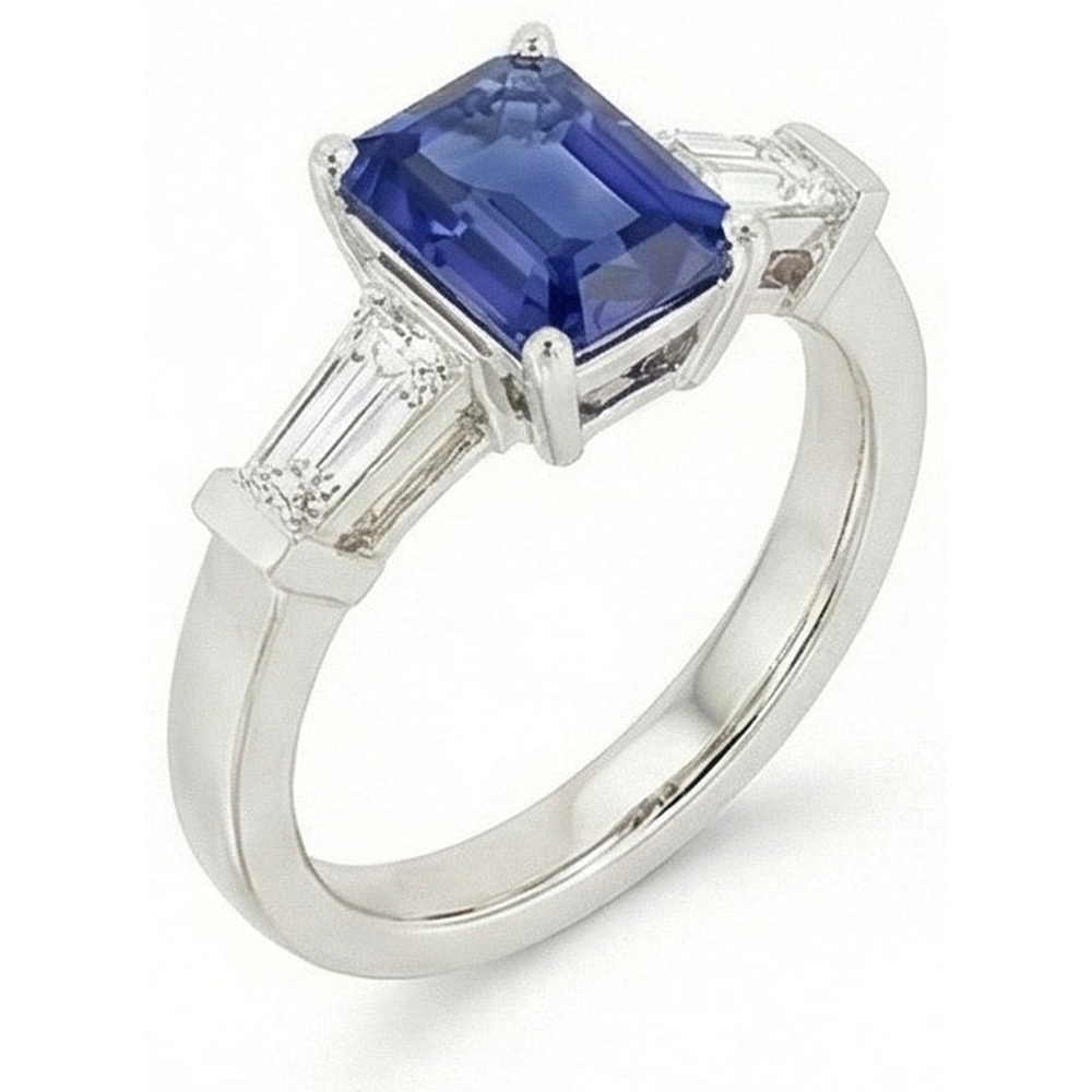 Anello di fidanzamento con 3 pietre di diamante e smeraldo blu zaffiro 2.50 carati
