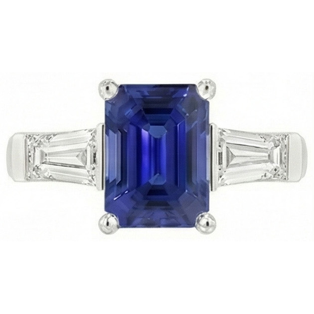 Anello di fidanzamento con 3 pietre di diamante e smeraldo blu zaffiro 2.50 carati