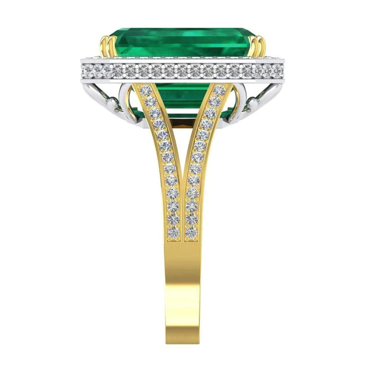 Anello fidanzamento con Verde smeraldo dello Zambia e diamante 11.50 carati bicolore 14K