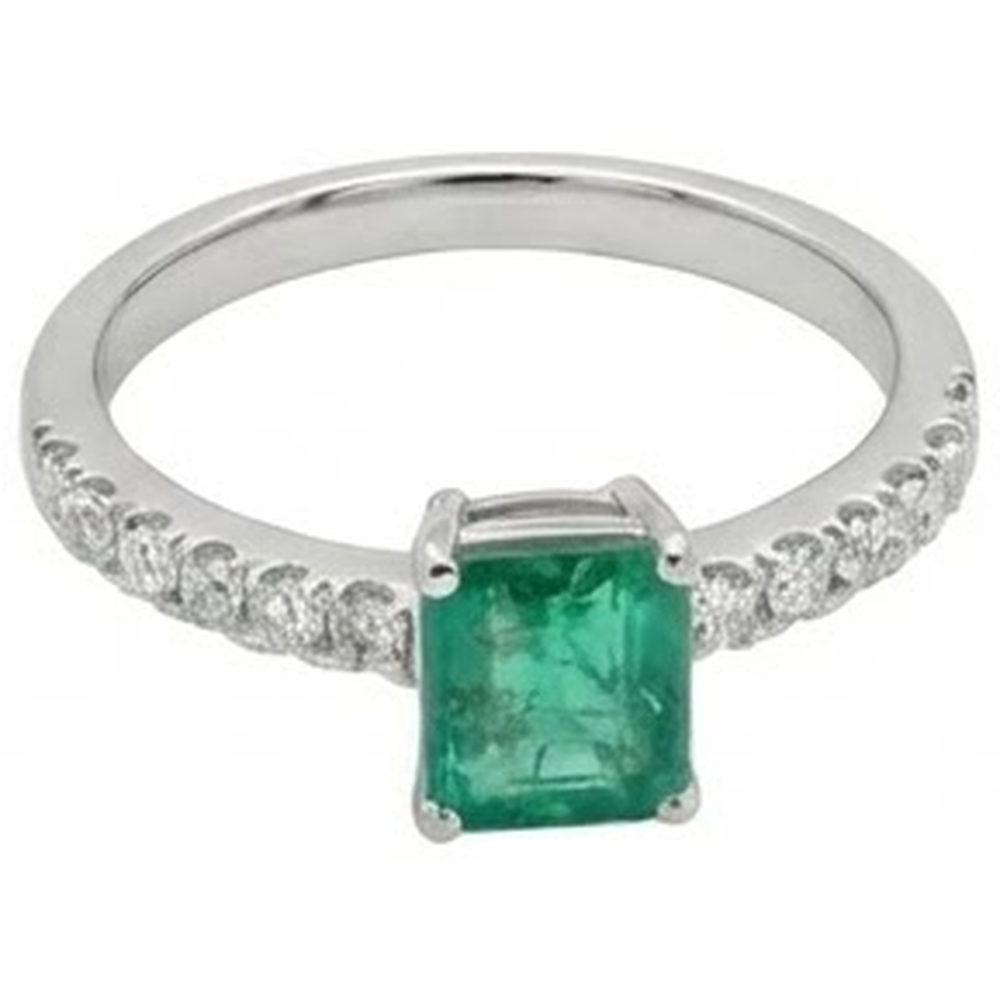Anello di fidanzamento con Verde smeraldo e diamanti 2.80 carati in oro bianco 14K