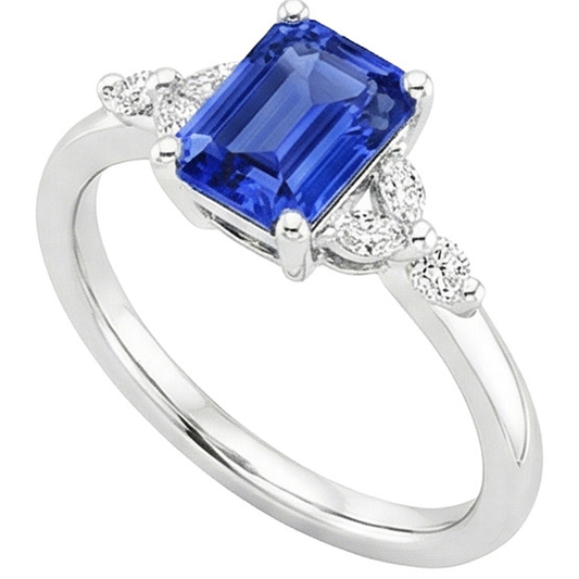 Anello di fidanzamento con accenti di zaffiro blu smeraldo e diamante 4 carati