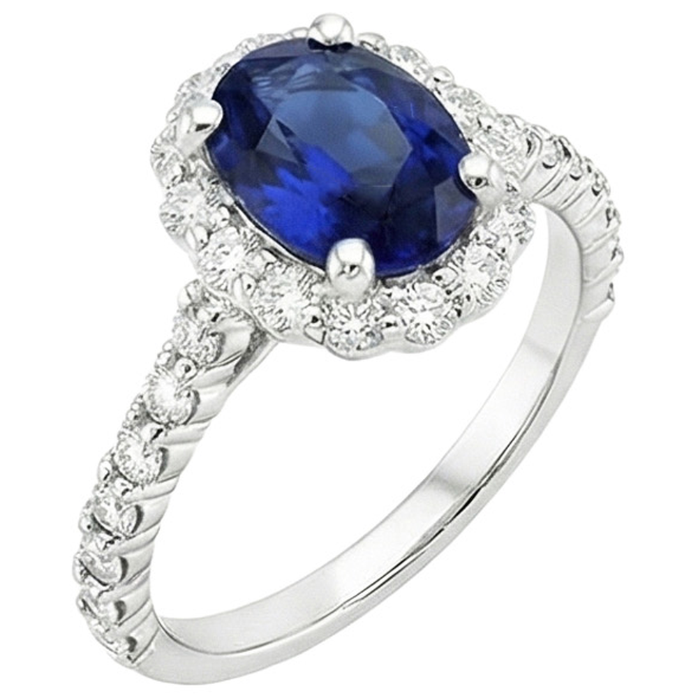 Anello di fidanzamento con alone blu zaffiro ovale e diamanti rotondi 5.50 carati