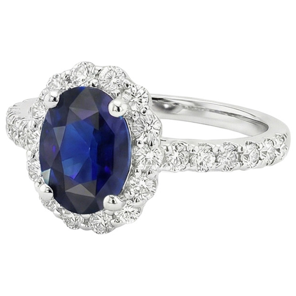 Anello di fidanzamento con alone blu zaffiro ovale e diamanti rotondi 5.50 carati