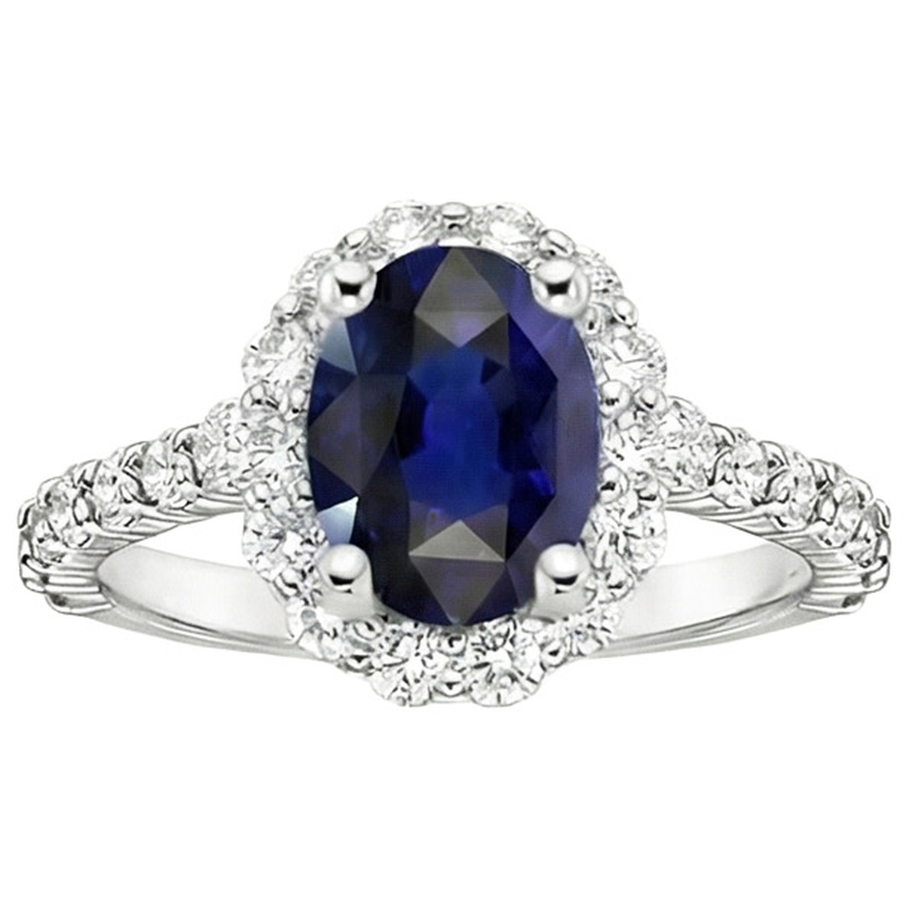 Anello di fidanzamento con alone blu zaffiro ovale e diamanti rotondi 5.50 carati