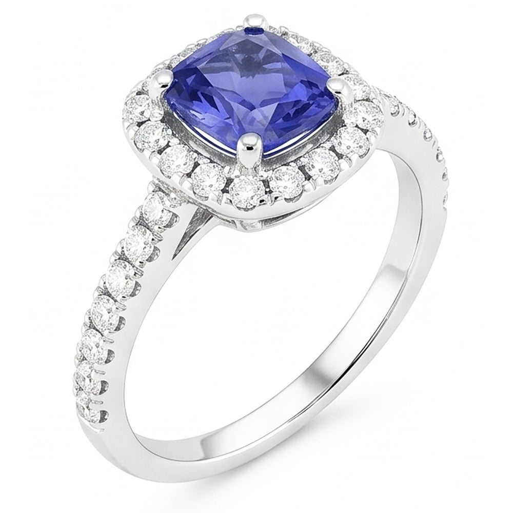 Anello di fidanzamento con cuscino aureola con zaffiro 2.50 carati di diamanti in oro 14K
