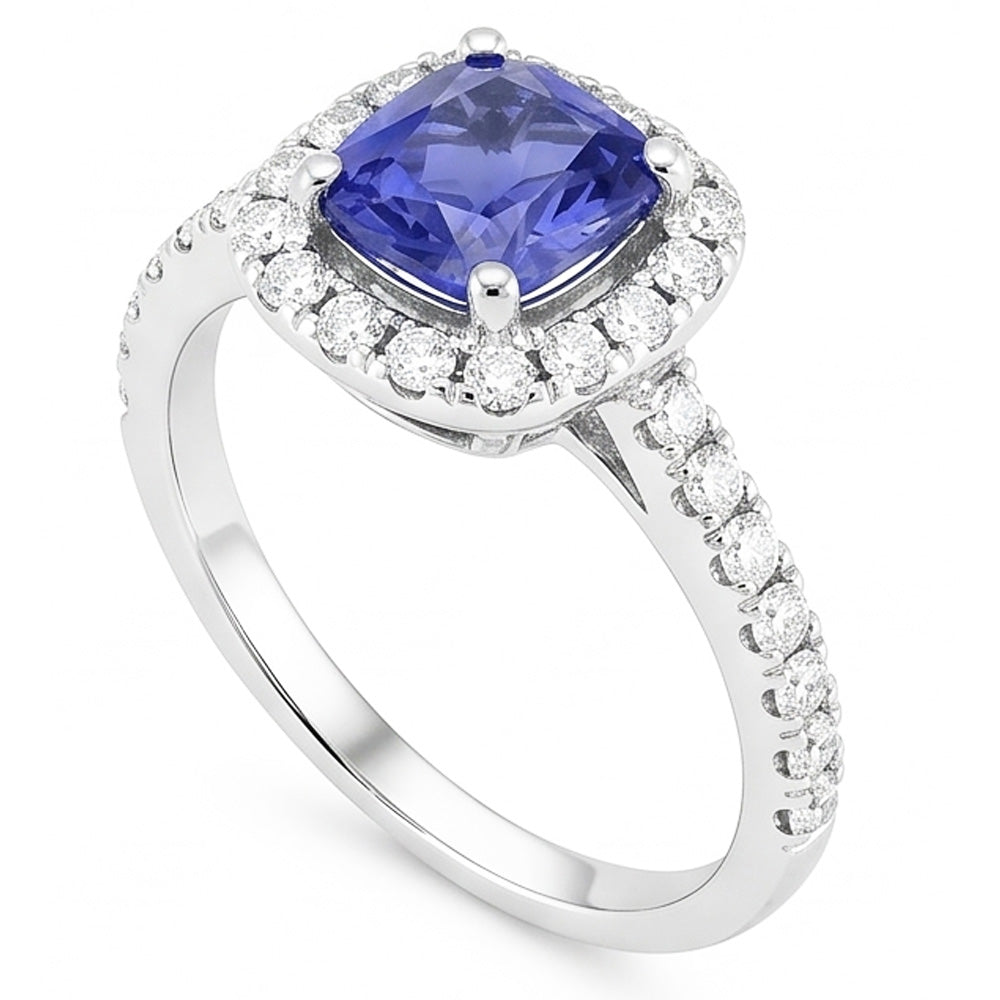 Anello di fidanzamento con cuscino aureola con zaffiro 2.50 carati di diamanti in oro 14K