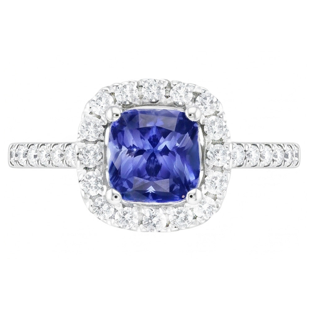 Anello di fidanzamento con cuscino aureola con zaffiro 2.50 carati di diamanti in oro 14K
