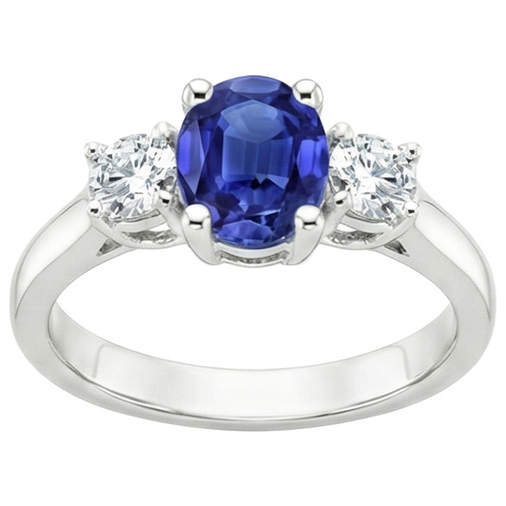 Anello di fidanzamento con diamante 3 pietre zaffiro blu ovale 2.50 carati