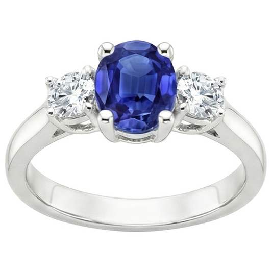 Anello di fidanzamento con diamante 3 pietre zaffiro blu ovale 2.50 carati