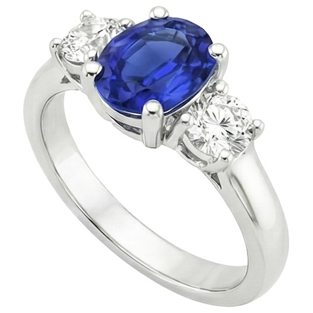 Anello di fidanzamento con diamante 3 pietre zaffiro blu ovale 2.50 carati