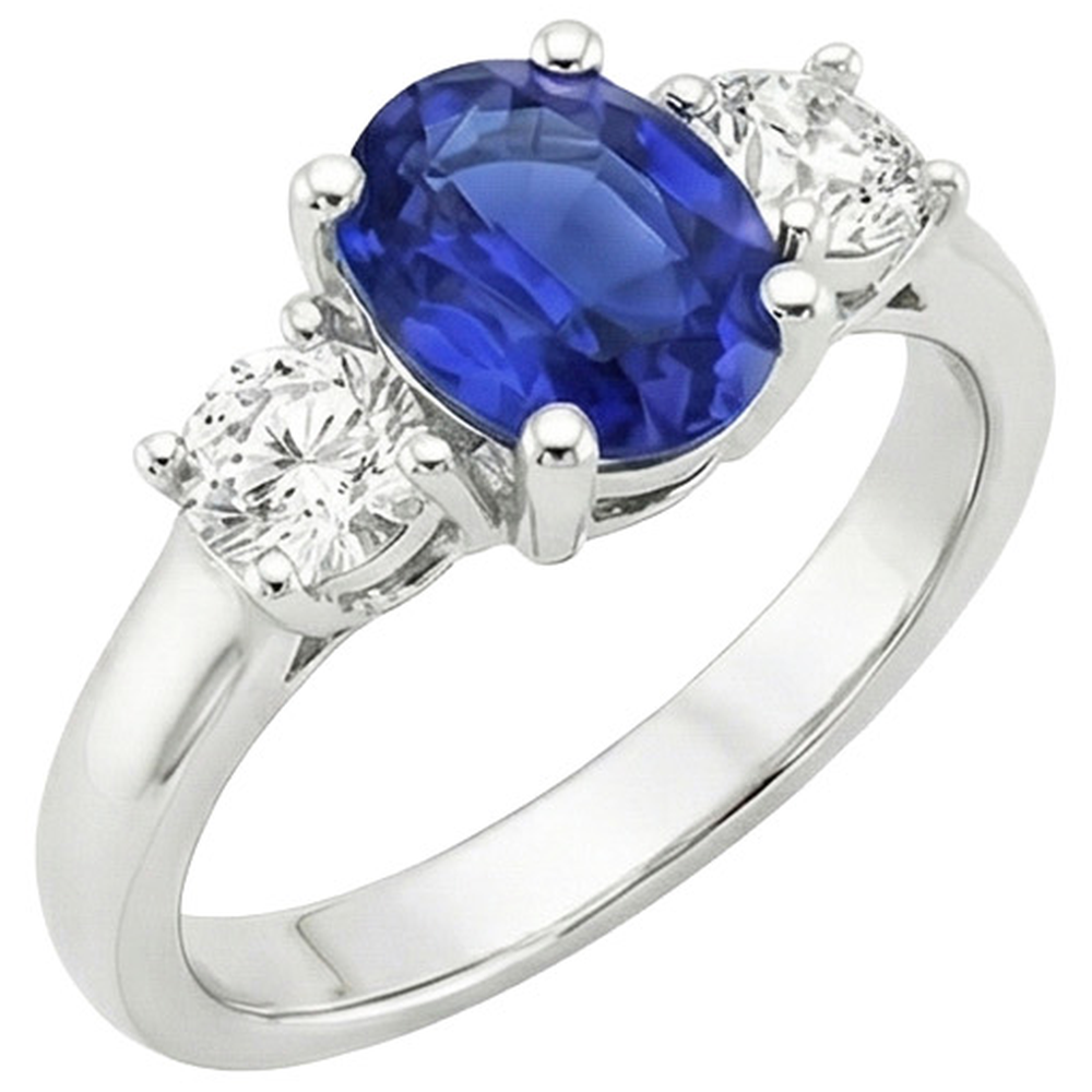 Anello di fidanzamento con diamante 3 pietre zaffiro blu ovale 2.50 carati